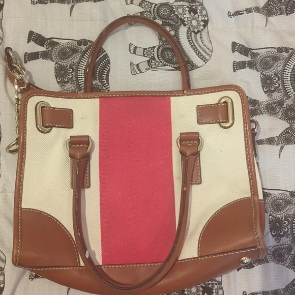 Michael Kors Hamilton Mono Red Stripe Canvas Leather Tote Large Lock Chain - Picture 5 of 10